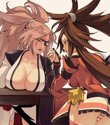  2girls arm_wrestling ass baiken breasts brown_hair chinese_clothes cleavage collarbone commentary_request eyepatch facial_mark frills guilty_gear guilty_gear_xrd hair_ornament hairclip jako_(toyprn) japanese_clothes kuradoberi_jam large_breasts long_hair multiple_girls one-eyed open_mouth panties pink_hair ponytail skirt striped_clothes striped_panties table thighs tied_hair underwear 