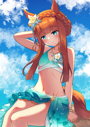  absurdres animal_ears blue_eyes blunt_bangs blush braid breasts cloud collarbone commentary crown_braid ear_flower female flower flower_on_chest groin hair_flower hair_ornament highres hime_cut horse_ears horse_girl horse_tail jewelry looking_at_viewer navel necklace official_alternate_costume official_alternate_hairstyle orange_hair orange_tail ribs silence_suzuka_(emerald_on_the_waves)_(umamusume) silence_suzuka_(umamusume) sky small_breasts smile solo swimsuit tail umamusume yuutopia 