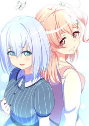  2girls :3 back-to-back bang_dream! blue_background blue_dress blue_eyes blush breasts bug butterfly cat_hair_ornament collared_shirt commentary_request dress frilled_sleeves frills furrowed_brow gradient_background grey_hair hair_between_eyes hair_ornament hair_ribbon highres hiromachi_nanami jewelry kurata_mashiro large_breasts long_hair long_sleeves looking_at_viewer medium_breasts multiple_girls necklace one_side_up open_mouth orange_hair pink_dress pink_eyes puffy_short_sleeves puffy_sleeves ribbon sakamata_(sakamata4) shirt short_hair short_sleeves sidelocks sleeveless sleeveless_dress smile striped_clothes striped_dress upper_body vertical-striped_clothes vertical-striped_dress white_background white_shirt 