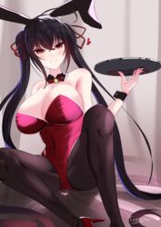  absurdres animal_ears azur_lane bare_shoulders black_hair blush breasts cleavage covered_navel detached_collar fake_animal_ears female hair_between_eyes hair_ornament highres huge_breasts large_breasts long_hair looking_at_viewer pantyhose playboy_bunny rabbit_ears red_eyes sitting smile solo taihou_(azur_lane) tarakon tray 