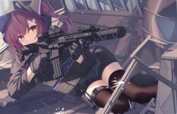  angel_ina assault_rifle black_gloves black_hoodie black_jacket black_thighhighs gloves gun hair_ornament hairpin heterochromia highres hood hoodie jacket kazusa_(angel_ina) near_miss original purple_eyes purple_hair rifle solo thighhighs thighs under_fire weapon yellow_eyes 