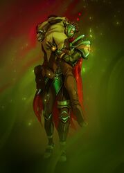  2boys ass_grab black_gloves brown_footwear brown_hair brown_pants cape carrying_over_shoulder full_body gloves glowing glowing_eyes gradient_background grey_hair heart highres jacket jayce_(league_of_legends) league_of_legends male_focus mechanical_hands multiple_boys pants red_cape short_hair single_mechanical_hand torn_cape torn_clothes viktor_(league_of_legends) yakichou yaoi 