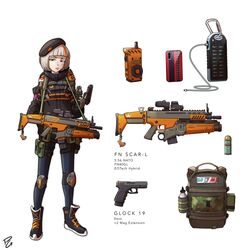  40mm_grenade assault_rifle backpack bag black_jacket blunt_bangs dual_sights english_commentary explosive female flat_chest fn_scar fn_scar_16 glock grenade grenade_launcher gun handgun highres holding holding_gun holding_weapon hybrid_sight jacket knee_pads looking_at_viewer multicolored_hair optical_sight orange_hair original peyton_gee phone rifle short_hair sight_magnifier streaked_hair underbarrel_grenade_launcher walkie-talkie weapon white_background white_hair 