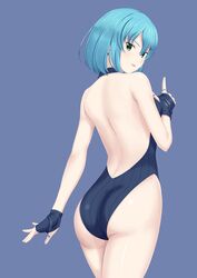  absurdres ass back backless_swimsuit black_gloves black_one-piece_swimsuit blue_background blue_hair bob_cut commentary_request cowboy_shot dead_or_alive dead_or_alive_6 female fingerless_gloves flatfield from_behind gloves green_eyes hair_ornament hairclip highres jewelry looking_at_viewer looking_back nico_(doa) one-piece_swimsuit parted_lips pointing pointing_up ring short_hair simple_background smile solo standing swimsuit thumb_ring 