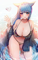  animal_ears bad_id bad_pixiv_id bangle bikini blue_eyes blue_hair bracelet breasts cat_ears cat_girl day female final_fantasy final_fantasy_xiv hand_up heart heterochromia highres jewelry kneeling large_breasts miqo&#039;te mochimochi_dando navel off_shoulder outdoors partially_submerged purple_eyes solo stomach swimsuit swimsuit_cover-up thighs warrior_of_light_(ff14) water waving 