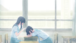  2girls black_hair blue_hair blue_neckerchief blue_sailor_collar blue_skirt blurry blurry_background building chair classroom closed_eyes closed_mouth curtains desk expressionless hand_on_another&#039;s_head hand_up hibike!_euphonium highres indoors kasaki_nozomi kitauji_high_school_uniform leaning_forward liz_to_aoi_tori long_hair looking_at_another looking_down multiple_girls neckerchief piroaki pleated_skirt ponytail red_eyes sailor_collar school_uniform serafuku shirt short_sleeves sitting skirt sleeping white_shirt window yoroizuka_mizore 