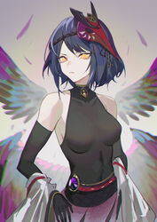  absurdres bird_mask breasts closed_mouth commentary covered_navel elbow_gloves female genshin_impact gloves highres krin_(krinnin) kujou_sara mask mask_on_head navel short_hair solo tengu vision_(genshin_impact) wings yellow_eyes 