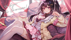  bow_skirt breasts brown_hair chen_ying_(alan-yut) cleavage collar commentary commission english_commentary feet_out_of_frame female frilled_collar frilled_sleeves frills hair_ornament hair_ribbon hairclip highres himemiya_rie indoors jacket large_breasts long_hair long_sleeves looking_at_viewer lying multicolored_hair neck_ribbon on_back on_bed open_clothes open_jacket phase_connect pillow pink_eyes pink_hair pink_ribbon pink_skirt pixiv_commission pleated_skirt ribbon school_uniform serafuku shirt skirt smile solo streaked_hair thigh_strap thighhighs twintails two-tone_hair virtual_youtuber white_shirt white_thighhighs yellow_jacket 