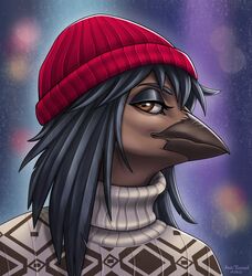  alternate_version_at_source anthro arsi_tigrion avian beak bird black_eyebrows black_eyelids black_hair brown_beak brown_body brown_feathers clothed clothing eyebrows feathers hair half-closed_eyes headgear headwear hi_res iris multicolored_clothing multicolored_topwear narrowed_eyes pupils red_clothing red_headwear solo sweater topwear turtleneck two_tone_clothing two_tone_topwear 