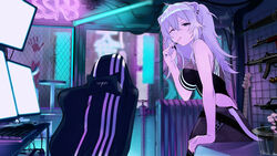  ahoge animal_ears bass_guitar breasts chair computer_keyboard computer_mouse female gaming_chair grey_eyes grey_hair gun gun_rack handprint highres hololive instrument large_breasts lion_ears lion_girl lion_tail long_hair monitor multiple_monitors neon_lights radiator robotta screen_light shishiro_botan shishiro_botan_(1st_costume) solo swivel_chair tail toothbrush_in_mouth two_side_up virtual_youtuber weapon weapon_rack 