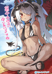  :t beach beach_towel beach_umbrella bikini black_bikini black_bow black_choker blue_archive blush bow breasts choker cloud crossed_legs dark-skinned_female dark_skin day eyewear_on_head feet female hair_over_one_eye hairbow halo highleg highleg_bikini highres iori_(blue_archive) iori_(swimsuit)_(blue_archive) legs long_hair multi-strapped_bikini_bottom ocean official_alternate_costume outdoors pout red_eyes sand sandals side-tie_bikini_bottom sidelocks sitting sky small_breasts solo sunglasses super_zombie swimsuit tail toes towel translation_request umbrella very_long_hair water white_hair 