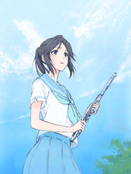  black_hair blue_eyes blue_neckerchief blue_sailor_collar blue_skirt blue_sky blush cloud female flute hibike!_euphonium highres holding holding_instrument instrument kasaki_nozomi kitauji_high_school_uniform liz_to_aoi_tori long_hair neckerchief outdoors parted_lips piroaki pleated_skirt ponytail sailor_collar school_uniform serafuku skirt sky solo standing tree 