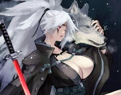  alternate_color amputee animal baiken big_hair black_jacket black_kimono breasts cleavage commentary_request female grey_hair guilty_gear guilty_gear_xrd jacket jacket_on_shoulders jako_(toyprn) japanese_clothes kataginu katana kimono large_breasts obi one-eyed open_clothes open_kimono parted_lips ponytail red_eyes samurai sash scar scar_across_eye scar_on_face solo sword weapon wolf 