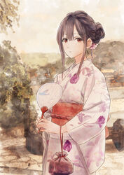  bag blue_hair blurry blurry_background closed_mouth expressionless female floral_print hair_bun hand_fan hibike!_euphonium highres hill holding holding_bag holding_fan japanese_clothes kimono liz_to_aoi_tori long_hair long_sleeves looking_at_viewer obi outdoors pink_kimono piroaki red_eyes sash single_hair_bun sky solo standing tree yoroizuka_mizore 