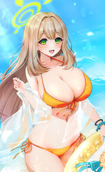  :d bikini blue_archive blush bracelet breasts day female front-tie_bikini_top front-tie_top green_eyes halo halterneck hand_up highres holding holding_swim_ring innertube jacket jacket_partially_removed jewelry large_breasts light_brown_hair looking_at_viewer mochimochi_dando nonomi_(blue_archive) nonomi_(swimsuit)_(blue_archive) official_alternate_costume see-through see-through_jacket side-tie_bikini_bottom smile solo swim_ring swimsuit yellow_bikini 