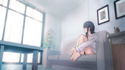  bare_legs barefoot black_hair black_panties coffee_table couch curtains drawer dress_shirt female hibike!_euphonium highres indoors knees_up living_room liz_to_aoi_tori looking_outside painting_(object) panties pantyshot picture_frame piroaki plant potted_plant purple_eyes shirt sitting solo table underwear white_shirt window yoroizuka_mizore 