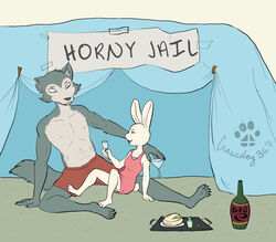  2022 5_fingers 5_toes abs alcohol anthro athletic athletic_anthro athletic_male barefoot beastars beverage black_nose boxers_(clothing) canid canine canis claws clothed clothing cocktail_glass container crossdog367 cup digital_media_(artwork) domestic_rabbit dress drinking_glass duo dwarf_rabbit feet female finger_claws fingers fur glass glass_container glass_cup go_to_horny_jail grey_body grey_fur haru_(beastars) hindpaw humanoid_hands lagomorph legoshi_(beastars) leporid male male/female mammal meme netherland_dwarf_rabbit open_mouth open_smile oryctolagus paws rabbit sign signature sitting smile toe_claws toes topless topless_anthro topless_male underwear white_body white_fur wine wine_glass wolf 