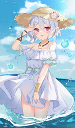  arm_up blue_sky blush bracelet brown_hat commentary cowboy_shot day dress elf female flower hair_between_eyes hat hat_flower highres jewelry kokkoro_(princess_connect!) looking_at_viewer necklace ocean off-shoulder_dress off_shoulder open_mouth outdoors pink_flower pointy_ears princess_connect! purple_eyes revision serika short_eyebrows short_hair short_sleeves sky smile solo standing straw_hat sun_hat wading water white_dress white_hair 