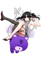  absurdres armpits black_footwear black_hair black_ribbon black_thighhighs blush breasts closed_mouth commentary_request demon_girl demon_horns demon_tail female full_body grey_sweater high_heels highres horns kojo_anna kojo_anna_(3rd_costume) leg_ribbon long_hair looking_at_viewer medium_breasts meme_attire multicolored_hair nanashi_inc. official_alternate_costume parted_bangs partial_commentary pointy_ears purple_hair ribbon sankyo_(821-scoville) sideboob simple_background single_thighhigh smile solo stuffed_animal stuffed_tiger stuffed_toy sugar_lyric sweater tail thighhighs transparent_background two-tone_hair two_side_up virgin_killer_sweater virtual_youtuber yellow_eyes 