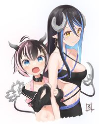  2girls absurdres ahoge bandeau belt belt_collar black_bandeau black_belt black_hair black_jacket blue_belt blue_eyes blue_hair blush bra breasts brown_eyes chest_belt closed_mouth collar collarbone commentary_request cropped_jacket curled_horns demon_girl demon_horns demon_tail fangs flat_chest flower grey_horns hair_between_eyes hair_flower hair_ornament hebiyoi_tier hebiyoi_tier_(1st_costume) highres horns jacket large_breasts long_bangs long_hair long_sleeves looking_at_viewer medium_bangs midriff multicolored_hair multiple_girls nanashi_inc. navel off_shoulder oinomori_may oinomori_may_(1st_costume) open_mouth pink_bra pink_hair pointy_ears shiroi_toko sidelocks simple_background smile snake_bite tail two-tone_hair underwear upper_body very_long_hair virtual_youtuber white_background 