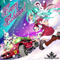  absurdres ass bag bell black_ribbon black_thighhighs blue_eyes blue_hair capelet car christmas christmas_tree commentary dress ferrari ferrari_f40 floating_hair fur-trimmed_capelet fur-trimmed_dress fur_trim gift gloves hair_behind_ear hair_ribbon happy_holidays hat hatsune_miku highres holding holding_bag holly house instagram_username lens_flare logo looking_at_viewer motor_vehicle neck_bell open_mouth pop-up_headlights red_capelet red_dress red_footwear red_gloves ribbon santa_dress santa_hat snow snowing solo star_(sky) star_(symbol) surprised thighhighs tohri_hosoya twintails unworn_hat unworn_headwear vocaloid 