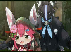  2girls animal_ears bare_shoulders bondrewd bondrewd_(cosplay) buttons cherry_blossoms commentary_request cosplay flower formal fox_ears green_eyes hair_flower hair_ornament hairclip hololive konkito letterboxed long_hair made_in_abyss multiple_girls nanachi_(made_in_abyss) nanachi_(made_in_abyss)_(cosplay) open_mouth parody pink_hair sakura_miko sakura_miko_(old_design) shirakami_fubuki tears virtual_youtuber 