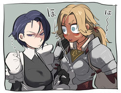  ... 2girls alternate_costume angry annoyed armor asymmetrical_bangs black_dress black_hair blonde_hair blue_eyes blush breastplate breasts catherine_(fire_emblem) commentary dark-skinned_female dark_skin dress embarrassed enmaided fire_emblem fire_emblem:_three_houses frown grey_background hand_to_own_mouth highres looking_at_another looking_away maid medium_breasts medium_hair multiple_girls open_mouth parted_bangs ponytail purple_eyes scowl shamir_nevrand short_hair simple_background surprised tirarizun upper_body wide-eyed yuri 