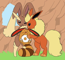  2016 arth_the_flareon belly carniscorner colored cream_the_lopunny ears_down eeveelution female feral flareon fluffy fluffy_tail fur generation_1_pokemon generation_2_pokemon generation_4_pokemon grass group hug looking_at_viewer lopunny male male/female nintendo one_eye_closed open_mouth open_smile pawpads paws pivoted_ears plant pokemon pokemon_(species) raised_paw rock sentret shiny_pokemon smile socks_the_sentret spreading standing standing_on_tail tail trio wall_(structure) white_pawpads white_toes window wink 