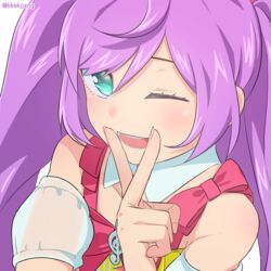  :d blush bow clip_studio_paint_(medium) detached_sleeves female green_eyes hand_up idol_time_pripara long_hair looking_at_viewer manaka_laala one_eye_closed open_mouth pretty_series pripara puffy_detached_sleeves puffy_short_sleeves puffy_sleeves purple_hair red_bow see-through see-through_sleeves short_sleeves simple_background smile solo staff_(music) texus twitter_username upper_body white_background 