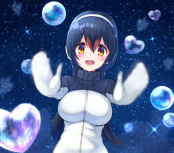  black_hair black_hoodie blush commentary_request female gentoo_penguin_(kemono_friends) headphones highres hood hoodie kemono_friends long_hair long_sleeves looking_at_viewer mittens night night_sky orange_eyes sky solo star_(sky) sweater turtleneck turtleneck_sweater two-tone_hoodie watayoshi_(suiiho) white_hoodie 