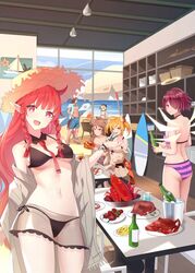  1boy 5girls :d animal_ears arknights ass bare_arms bare_shoulders beach_umbrella bikini black_bikini blonde_hair blue_shirt bottle braid breasts brown_hair commentary_request cowboy_shot crab cup detached_collar drinking_glass exusiai_(arknights) eyjafjalla_(arknights) fire food from_behind hair_over_one_eye halo hat head_tilt highres horns huziyu ice ice_cube ifrit_(arknights) ifrit_(sunburn)_(arknights) indoors kebab kjerag_logo long_hair looking_at_viewer looking_back matterhorn_(arknights) matterhorn_(beach_guard)_(arknights) medium_breasts miniskirt multiple_girls navel necktie off_shoulder official_alternate_costume open_clothes open_mouth open_shirt pink_bikini pink_eyes platinum_blonde_hair pointy_ears purple_bikini red_hair red_necktie rhine_lab_logo see-through shirt short_sleeves single_horn skirt smile sora_(arknights) sora_(summer_flowers)_(arknights) standing stomach striped_bikini striped_clothes sun_hat surfboard swimsuit table thighs twin_braids twintails umbrella very_long_hair vigna_(arknights) vigna_(casual_vacation)_(arknights) white_bikini wolf_ears 