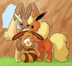  2016 absurd_res arth_the_flareon belly carniscorner colored cream_the_lopunny ears_down eeveelution female feral flareon fluffy fluffy_tail fur generation_1_pokemon generation_2_pokemon generation_4_pokemon grass group hi_res hug looking_at_viewer lopunny male male/female nintendo one_eye_closed open_mouth open_smile pawpads paws pivoted_ears plant pokemon pokemon_(species) raised_paw rock sentret shaded shiny_pokemon smile socks_the_sentret spreading standing standing_on_tail tail trio wall_(structure) white_pawpads white_toes window wink 