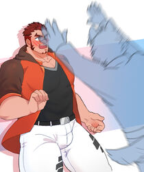  2boys akashi_(live_a_hero) bara belt blush bulge embarrassed facial_hair furry furry_male furry_with_non-furry goatee highres interspecies jumping large_pectorals live_a_hero long_sideburns male_focus male_protagonist_(live_a_hero) motion_blur multiple_boys muscular muscular_male pectorals red_eyes red_hair scar scar_on_face scar_on_nose short_hair sideburns speed_lines thick_eyebrows thick_thighs thighs yaoi yasuyo_(oaghoerg) 