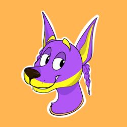  1:1 2022 anonymous_artist anthro black_eyes bow_wizzle braided_hair bust_portrait canid canine canis cropped_ears digital_drawing_(artwork) digital_media_(artwork) dobermann doggyland domestic_dog fur hair hi_res male mammal orange_background pinscher portrait purple_body purple_fur shaded simple_background smile smirk snoop_dogg snoop_dogg_(character) solo yellow_body yellow_fur 