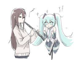  2girls :&lt; aqua_eyes aqua_hair aqua_necktie bare_shoulders black_skirt black_sleeves brown_hair clarinet clenched_hands closed_eyes commentary detached_sleeves eighth_note grey_shirt hair_ornament hands_up hatsune_miku holding holding_instrument impressed instrument long_hair master_(vocaloid) multiple_girls music music_stand musical_note necktie nejikyuu parted_lips playing_instrument shirt shoulder_tattoo skirt sleeveless sleeveless_shirt sparkle sweater tattoo translated triangle_mouth twintails v-shaped_eyebrows very_long_hair vocaloid 