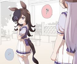  2girls ? animal_ears animal_on_head blue_headwear blush bow brown_hair bug cicada commentary gold_ship_(umamusume) hair_over_one_eye hat hat_bow headgear highres horse_ears horse_girl horse_tail long_hair looking_at_another miniskirt multiple_girls on_head pleated_skirt puffy_short_sleeves puffy_sleeves purple_bow purple_eyes purple_shirt rice_shower_(umamusume) sailor_collar sailor_shirt school_uniform shirt short_sleeves skirt summer_uniform tail tail_bow tail_ornament thighhighs tilted_headwear tracen_school_uniform translated umamusume white_hair white_skirt white_thighhighs yukie_(kusaka_shi) zettai_ryouiki 