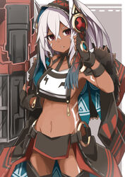  absurdres azur_lane blush bodypaint breast_curtain breasts dark-skinned_female dark_skin facepaint facial_mark female hair_between_eyes highres long_hair looking_at_viewer machinery medium_breasts minneapolis_(azur_lane) native_american navel panties ponytail red_eyes revealing_clothes sakuragi_raia smile solo underboob underwear white_hair 