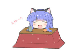  :d ^_^ animal_ear_fluff animal_ears black_hairband blue_hair blush cat_ears chibi closed_eyes commentary_request cup facing_viewer fake_animal_ears female food fruit furude_rika gaou_(babel) hairband higurashi_no_naku_koro_ni kotatsu mandarin_orange nipa~ open_mouth photoshop_(medium) simple_background smile solo star_(symbol) steam table translated white_background yunomi 