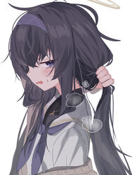  :o bags_under_eyes black_hair black_undershirt blue_archive blush female hairband halo highres holding holding_own_hair hot jacket jacket_partially_removed looking_at_viewer neckerchief plaid_hairband purple_eyes sailor_collar simple_background solo steam straight_hair sweatdrop tsumayouji_(tumayog) ui_(blue_archive) upper_body white_background 