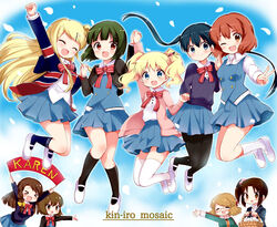  &gt;_&lt; 6+girls :d ;d absolutely_everyone alice_cartelet arm_up arms_up basket black_jacket black_pantyhose black_socks black_suit blonde_hair blue_eyes blue_hair blue_skirt blue_sky blue_sweater blue_vest blush bob_cut bow bowtie breasts brown_hair cardigan character_name clenched_hand cloud collared_shirt commentary_request copyright_name day everyone flag_print floating_hair formal glasses green_jacket hair_bun hair_ornament hair_scrunchie hair_stick hairbow hairclip happy hara_yui higurashi_kana holding holding_basket holding_hands inokuma_youko interlocked_fingers jacket karasuma_sakura kin-iro_mosaic kneehighs komichi_aya kujou_karen kuzehashi_akari lone_nape_hair long_hair long_sleeves looking_at_viewer matsubara_honoka moegi_high_school_uniform multiple_girls oerba_yun_fang official_art one_eye_closed oomiya_shinobu open_cardigan open_clothes open_mouth outstretched_arm pantyhose petals pink_cardigan pink_scrunchie pleated_skirt red_bow school_uniform scrunchie shirt shirt_tucked_in short_hair side_ponytail single_hair_bun single_side_bun skirt sky smile socks striped_bow striped_bowtie striped_clothes suit sweater tareme thighhighs track_jacket twintails union_jack v vest white_legwear white_shirt x_hair_ornament yellow_bow 