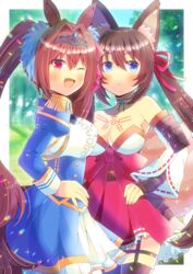  2girls ;d animal_ear_fluff animal_ears bare_shoulders black_thighhighs blue_eyes blue_jacket blue_skirt blue_sky blurry blurry_background blush breasts brown_hair caleen_keemosn cleavage closed_mouth commentary_request commission cropped_jacket crossover daiwa_scarlet_(umamusume) day depth_of_field detached_sleeves epaulettes fox_ears fox_girl fox_tail frilled_skirt frills garter_straps hair_between_eyes hair_intakes hairstyle_connection hand_on_own_hip horse_ears horse_girl horse_tail jacket juliet_sleeves kitsune kou_hiyoyo long_hair long_sleeves medium_breasts multiple_girls oerba_yun_fang one_eye_closed pleated_skirt puffy_sleeves red_eyes red_skirt skeb_commission skirt sky smile star_ocean star_ocean_anamnesis tail thighhighs tiara twintails umamusume very_long_hair white_sleeves wide_sleeves 