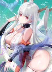  absurdres azur_lane bare_shoulders breasts detached_sleeves dragon_girl dragon_horns dragon_tail female hair_on_horn highres horns japanese_clothes large_breasts long_hair looking_at_viewer navel red_eyes revealing_clothes sankyo_(821-scoville) shimanto_(azur_lane) sideboob solo tail thighhighs underwear very_long_hair white_hair white_thighhighs 