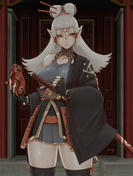  architecture armor breasts commentary_request east_asian_architecture female fingerless_gloves gloves grey_eyes hair_ornament hair_stick highres japanese_armor japanese_clothes katana kumanz looking_to_the_side mask miniskirt paya_(zelda) pointy_ears skirt solo sword tengu_mask the_legend_of_zelda the_legend_of_zelda:_breath_of_the_wild thighhighs thighs weapon white_hair 