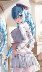  absurdres azur_lane bad_hands beret blue_eyes blue_hair blush braid braided_ponytail commentary_request crop_top dressing female from_behind hat highres janus_(azur_lane) janus_(fear_of_changing...clothes)_(azur_lane) long_hair long_sleeves looking_at_viewer mirror official_alternate_costume open_mouth pantyhose partial_commentary pleated_skirt sailor_collar school_uniform serafuku shirt sidelocks skirt solo sweatdrop watage_tanpopo white_hat white_pantyhose white_sailor_collar white_serafuku white_shirt white_skirt 