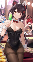  3girls absurdres alcohol ange_katrina animal_ears bare_shoulders black_hair black_hairband black_leotard blue_eyes blue_hair blunt_bangs bow bowtie breasts brown_pantyhose champagne champagne_flute cherry closed_mouth cocktail cocktail_glass colored_inner_hair covered_navel cup detached_collar dog_ears dog_girl dog_hair_ornament drinking_glass fake_animal_ears falling flower food fruit hair_flower hair_ornament hairband hairpin heterochromia highleg highleg_leotard highres ice ice_cube indoors inui_toko kashiwagi_touko large_breasts leotard lize_helesta long_hair looking_at_viewer low_twintails multicolored_hair multiple_girls nijisanji open_mouth pantyhose playboy_bunny purple_eyes rabbit_ears red_eyes red_hair sanbaka_(nijisanji) short_hair sitting solo_focus strapless strapless_leotard sweatdrop thighband_pantyhose traditional_bowtie twintails two-tone_hair very_long_hair virtual_youtuber waitress white_hair white_hairband white_leotard wing_collar wrist_cuffs yellow_eyes 