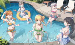  5girls :d ;d absurdres alternate_hairstyle arashi_chisato armpits ass back bare_shoulders bikini bikini_shorts bikini_top_only black_hair blonde_hair blue_eyes blue_shorts blunt_bangs blush bow bracelet breasts cleavage closed_mouth collarbone commentary commentary_request day dimples_of_venus double_bun frilled_bikini frills from_behind front-tie_bikini_top front-tie_top gradient_hair green_eyes grey_hair groin hair_behind_ear hair_between_eyes hair_bun hair_ornament hairband hand_up hazuki_ren heanna_sumire high_ponytail highres jewelry knees_together_feet_apart large_breasts legs long_hair looking_at_viewer looking_back love_live! love_live!_superstar!! low_twintails medium_breasts multicolored_hair multiple_girls navel necklace official_alternate_costume on_innertube one_eye_closed open_mouth orange_bikini orange_hair outdoors partially_submerged pearl_bracelet pearl_necklace pink_bikini ponytail pool pool_ladder poolside purple_eyes purple_hair red_eyes ribbon ripples scrunchie see-through see-through_cleavage shading_eyes shibuya_kanon short_hair short_shorts shorts side-tie_bikini_bottom single_side_bun sitting smile soaking_feet star_(symbol) star_print stomach string_bikini swept_bangs swimsuit tang_keke tsukimi_seiya twintails wading water waving white_bikini wrist_scrunchie yellow_eyes yellow_innertube 