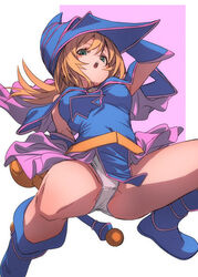  bare_shoulders blonde_hair blue_footwear blue_hat blush_stickers boots breasts choker dark_magician_girl duel_monster female from_below fu-ta green_eyes hair_between_eyes hat highres large_breasts long_hair open_mouth panties pantyshot simple_background solo staff underwear wand white_panties wizard_hat yu-gi-oh! 