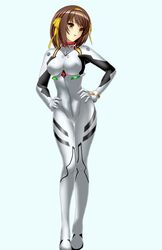  absurdres ayanami_rei ayanami_rei_(cosplay) bodysuit breasts brown_hair cameltoe cosplay covered_nipples cyborg-institute female full_body hair_ribbon hairband hands_on_own_hips head_tilt highres looking_at_viewer medium_breasts neon_genesis_evangelion open_mouth pilot_suit plugsuit ribbon simple_background skin_tight solo standing suzumiya_haruhi suzumiya_haruhi_no_yuuutsu thigh_gap white_bodysuit yellow_hairband yellow_ribbon 