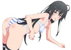  ahoge arm_support ass black_hair black_thighhighs blue_bra blue_eyes blue_panties blush bra collarbone female highres leaning_forward long_hair looking_at_viewer looking_back panties parted_lips shou937 simple_background solo striped_clothes striped_panties thighhighs thighs underwear white_background white_panties yahari_ore_no_seishun_lovecome_wa_machigatteiru. yukinoshita_yukino 