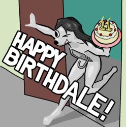  2023 anthro binary_drawing birthday birthday_cake black_hair cake candle canid canine canis cel_shading cherry daleport996 dessert domestic_dog door doorway english_text entering_room female fire food fruit glistening glistening_body hair happy_birthday holding_cake holding_food holding_object holding_plate humor mammal one_eye_closed outline plant pun running shaded sinkdog smile solo tailless text wall_(structure) white_body 